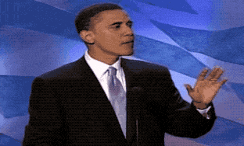 President Obama Speaking in front of a purple flag backdrop
